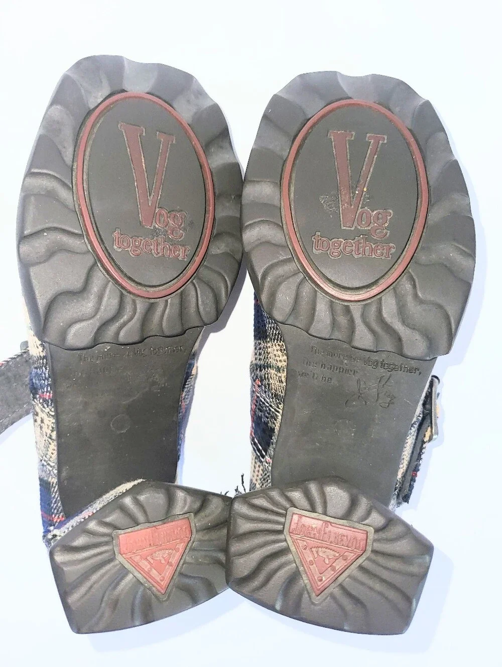 John Fluevog Benatar Blue Plaid Geometric Chunky Heel Mary Janes Size 7